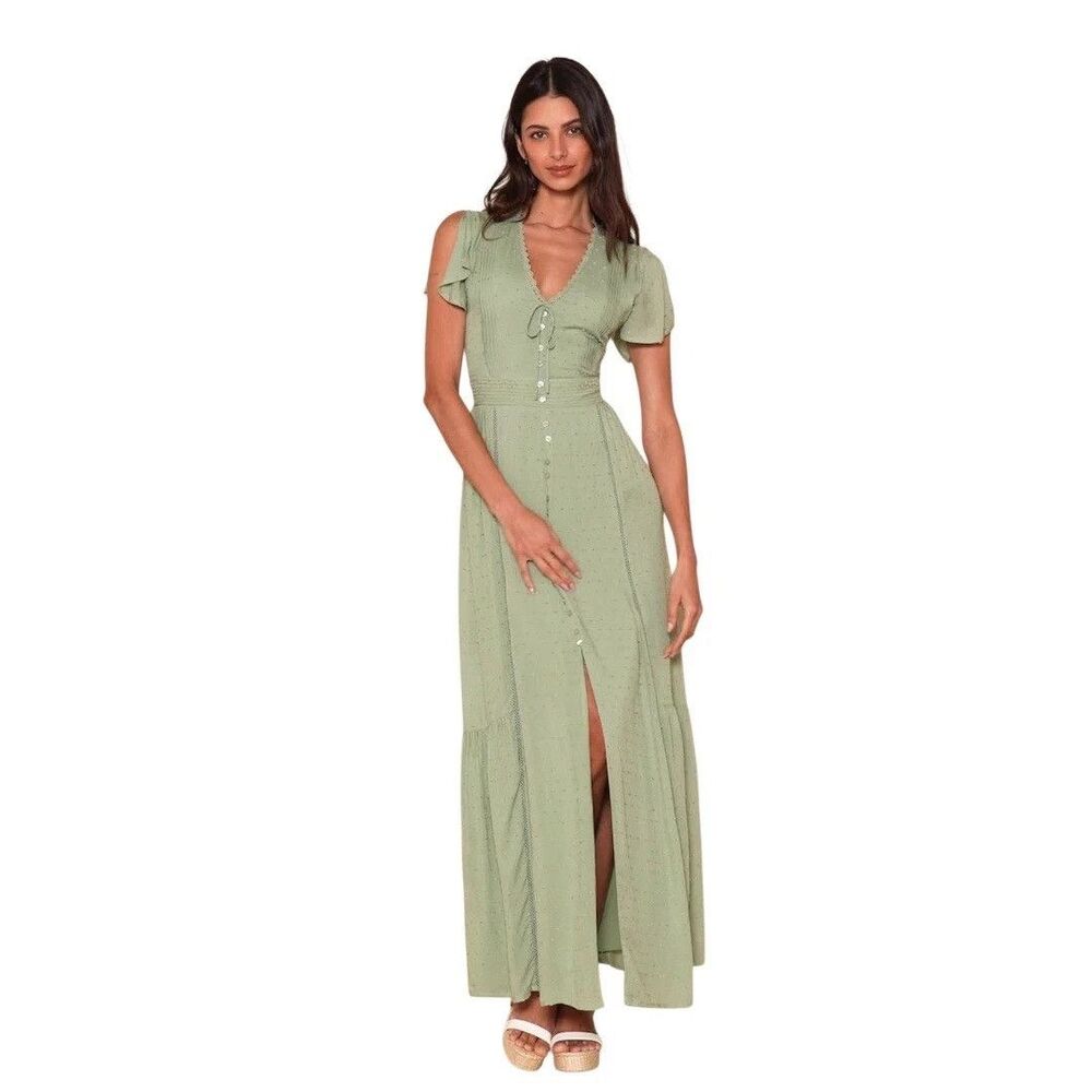 Lulus Sage Green Maxi Dress Completely In Love Dot Peasant Women Size XL